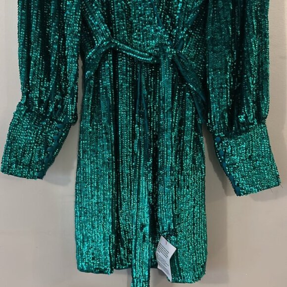 Asos Edition Sequin Wrap Long Sleeve Tie Waist Mini Dress in Teal Green - Picture 8 of 13